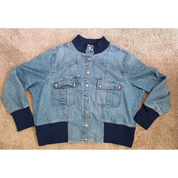 Beware Denim Jean Jacket Plus  Size XXL 2X Bomber Style Vintage Y2K Snap Button - Picture 1 of 9